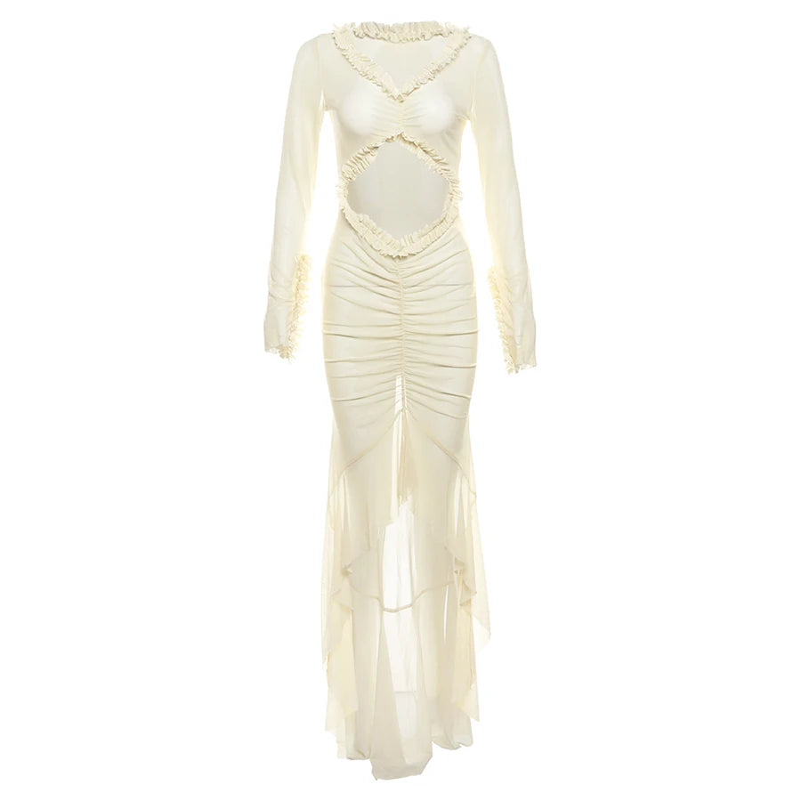Women’s Elegant V Neck Cutout Maxi Dress | Long Sleeve Bodycon Evening Gown