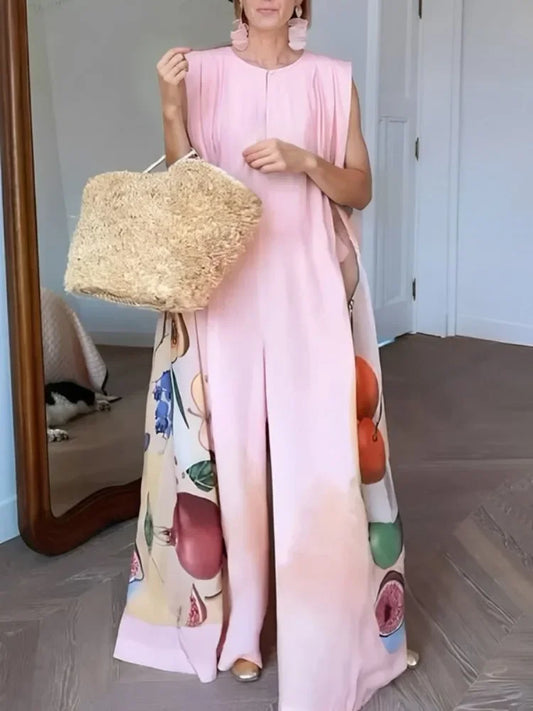 2025 New Summer Sleeveless Wide Leg Jumpsuits Women's Fashion Fruit Printed Jumpsuit Sleeveless Round-Neck Loose Casual Going Ou