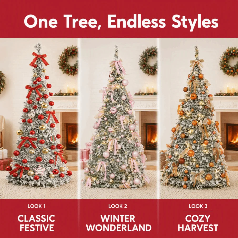 Foldable Snow Flocking Christmas Tree Space Saving Snowy Decor Collapsible Tree New Design With LED Xmas Tree Winter Season