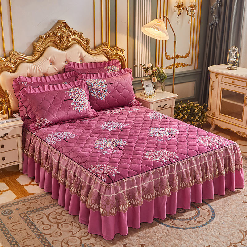 Luxury European Velvet Quilted Bed Skirt Set