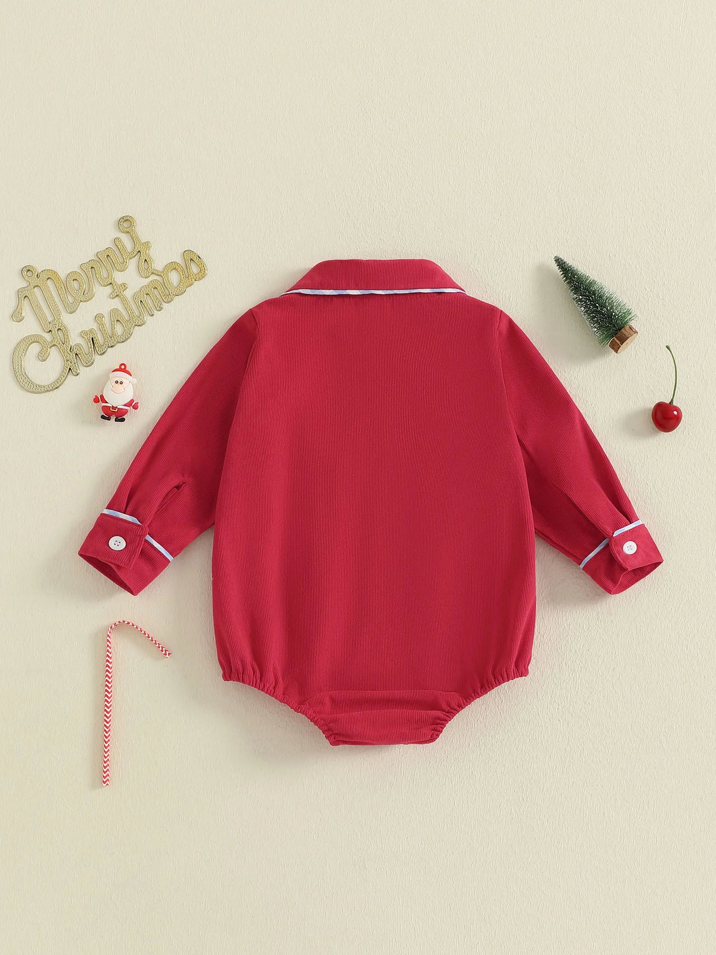 Christmas Baby Romper with Santa and Candy Cane Embroidery Long Sleeve Design Doll Collar and Button Down Closure for a