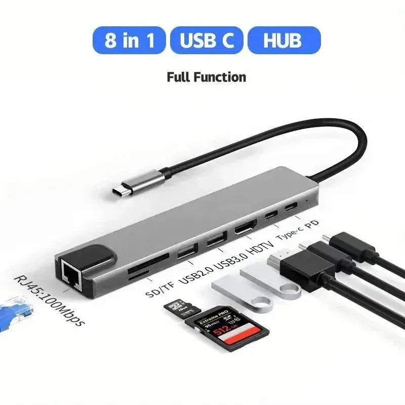 8-in-1 USB-C Hub Adapter with 4K HDMI, RJ45 Ethernet, SD/TF Card Reader & Fast Charging