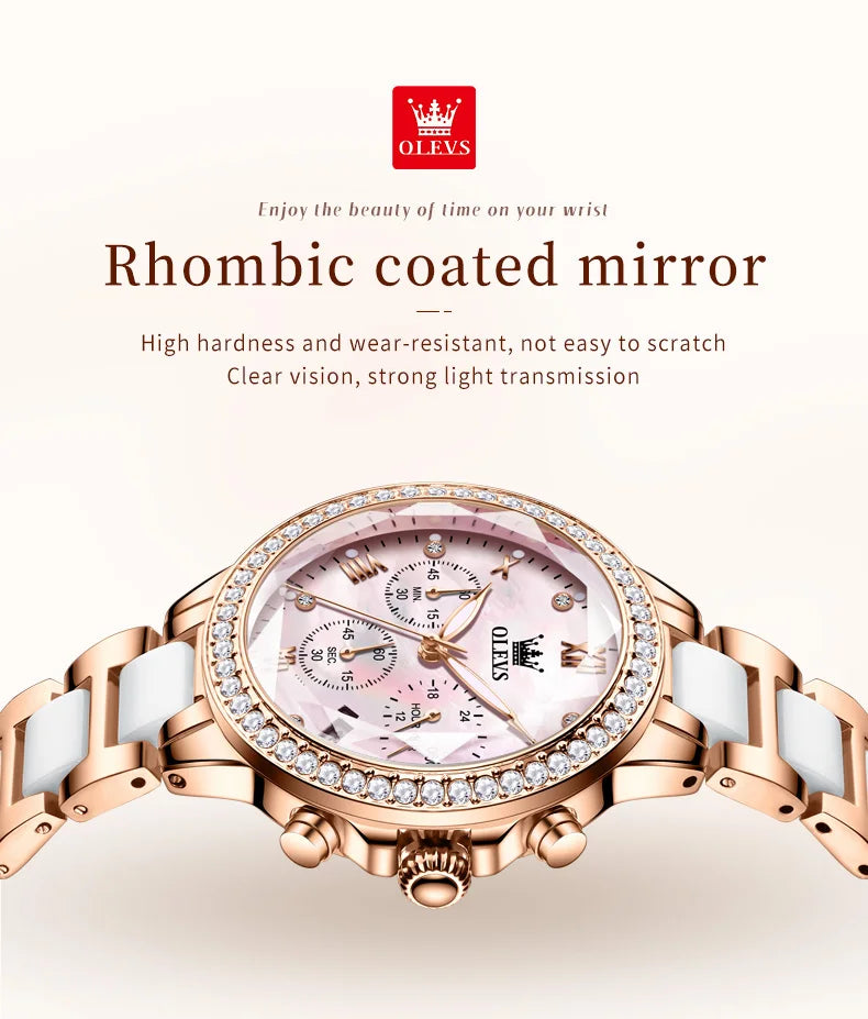 OLEVS Luxury Women’s Waterproof Chronograph Watch. Rose Gold Crystal Fashion Timepiece