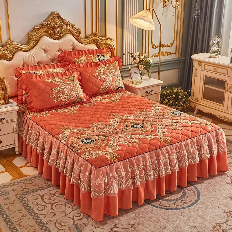 Luxury European Velvet Quilted Bed Skirt Set