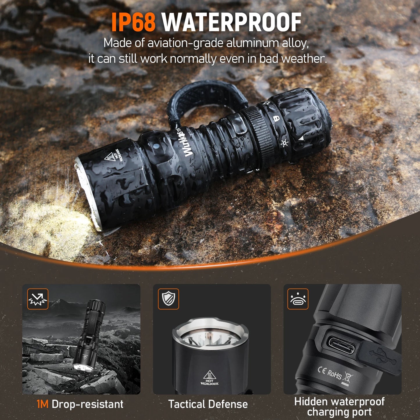 Wurkkos TD07 Tactical Flashlight .1300 Lumens, 479M Long Range, IP68 Waterproof  Description: