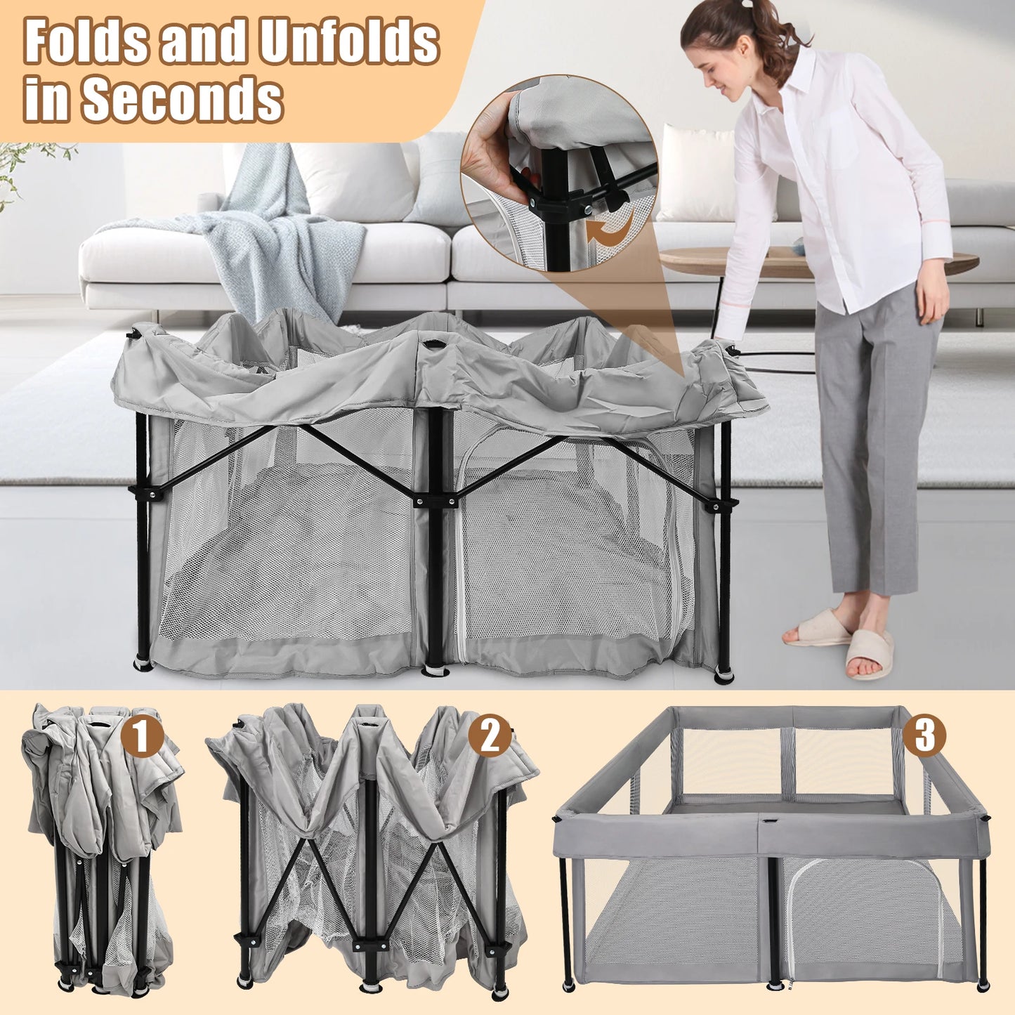 Foldable Baby Playpen with Mat - 50 x 50 Inch, Portable Sturdy Safe Baby Fence with Visible Breathable Mesh, Zipper Door, Storag