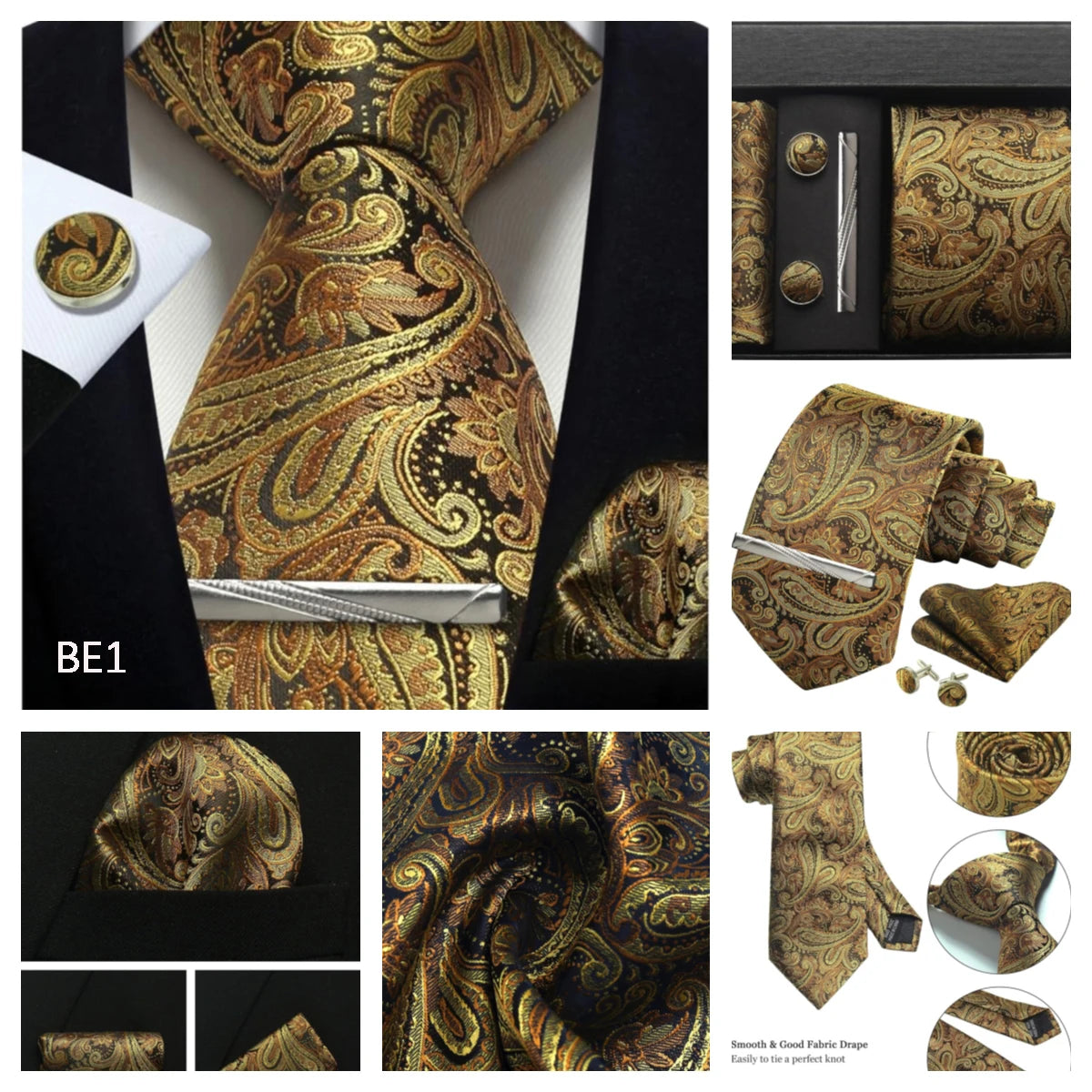 Luxury 100% Silk Paisley Floral Men’s Necktie Set | Business Tie with Matching Pocket Square & Formal Accessories