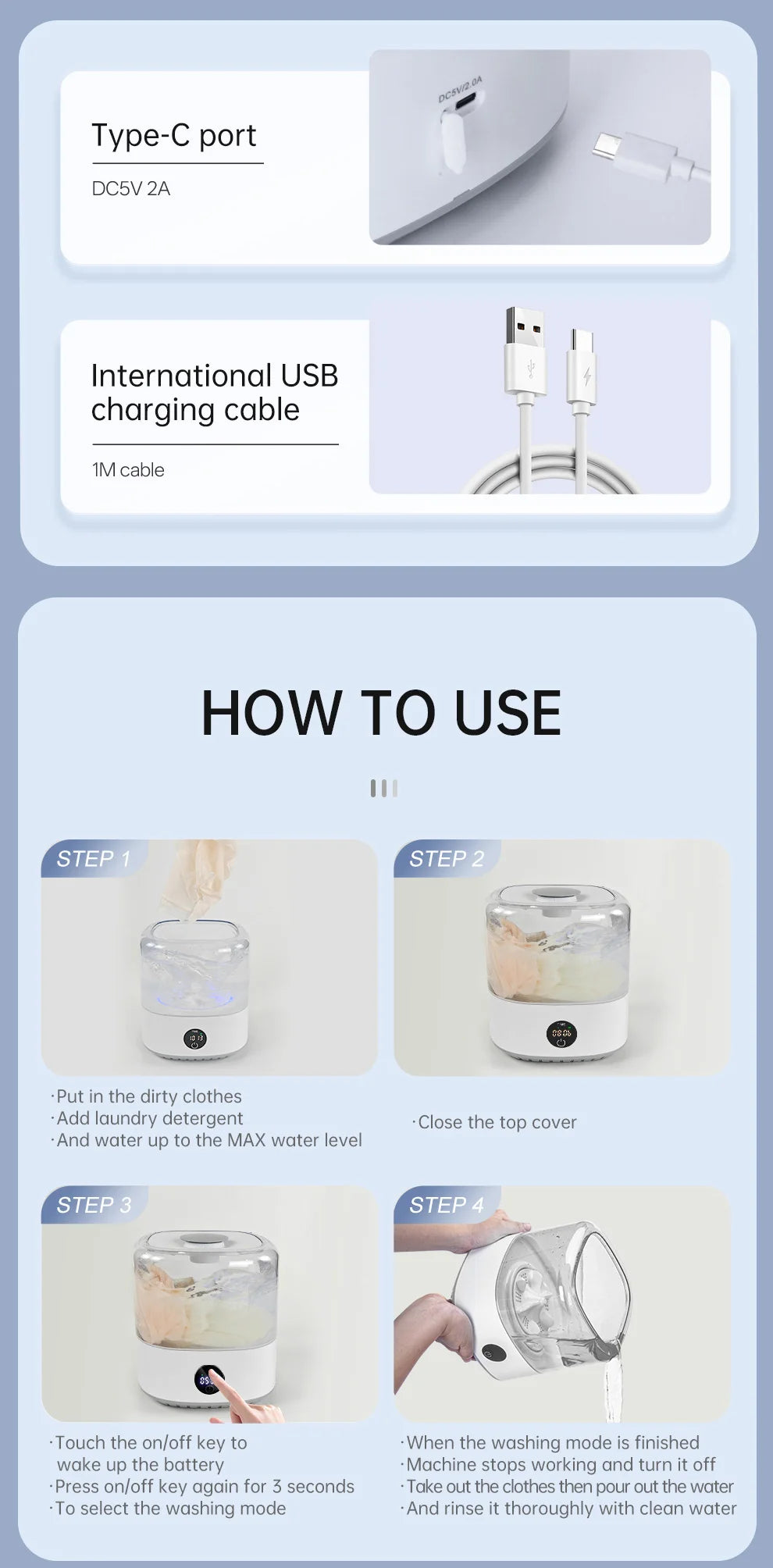 Mini Cordless Washer USB Rechargeable Portable, 3L For Delicates, Socks & Underwear, 3 Modes Quiet Design, Compact For Dorm, Travel & Small Spaces