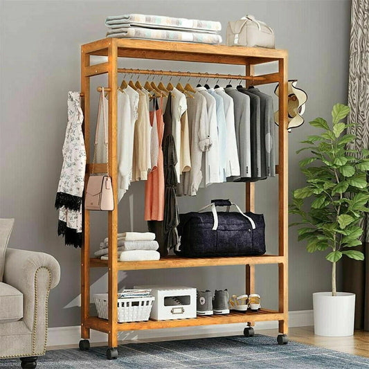 Bamboo Garment Rack with Wheels, Clothing Rack for Hanging Clothes with Hooks, Multi-functional Bedroom Clothes Rack