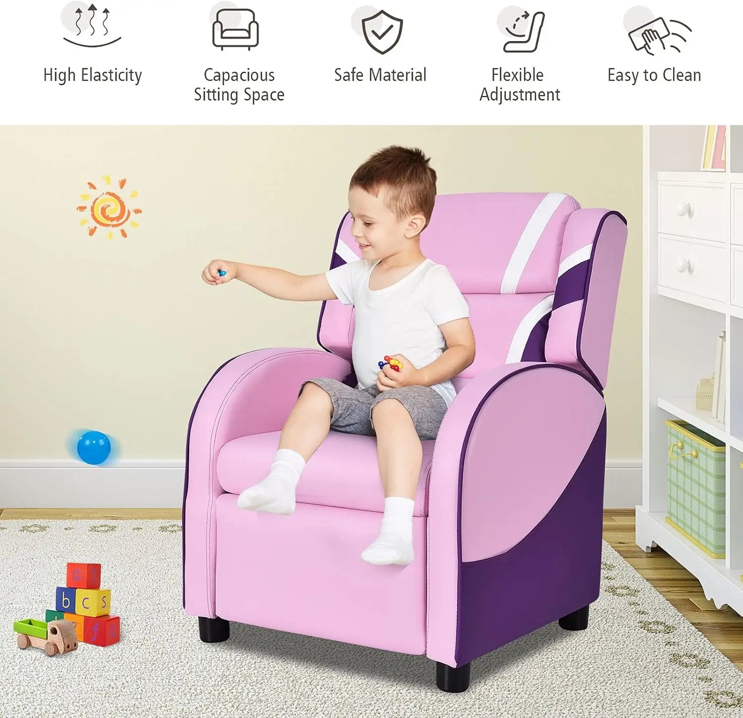 Kids Recliner Chair with Footrest, Headrest, Lumbar Support, Pink