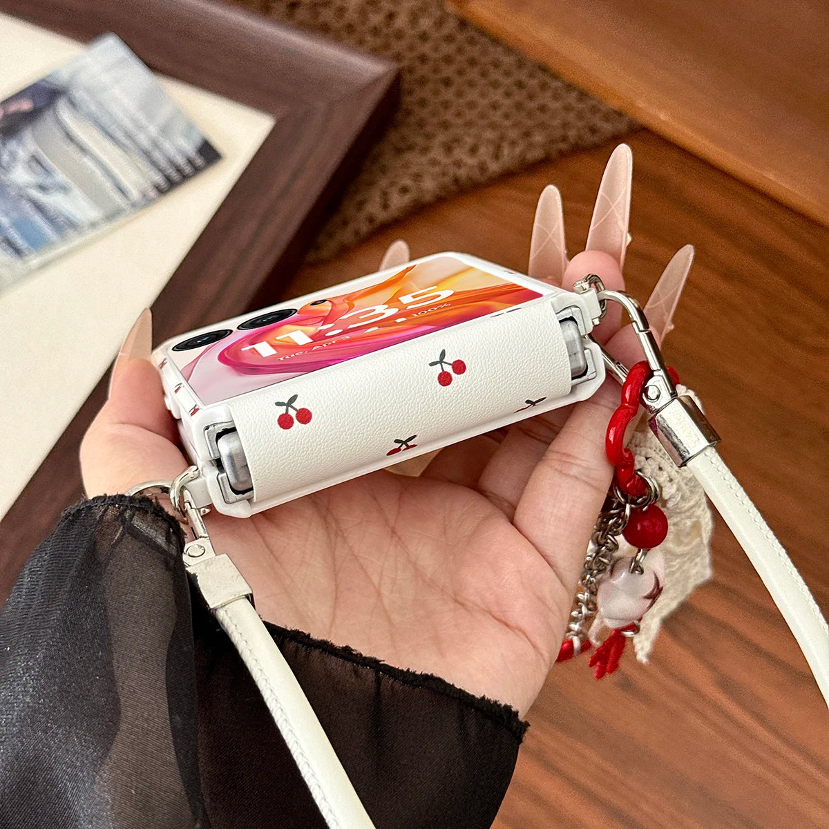 Cherry Print Magnetic Phone Case with Detachable Wrist Strap