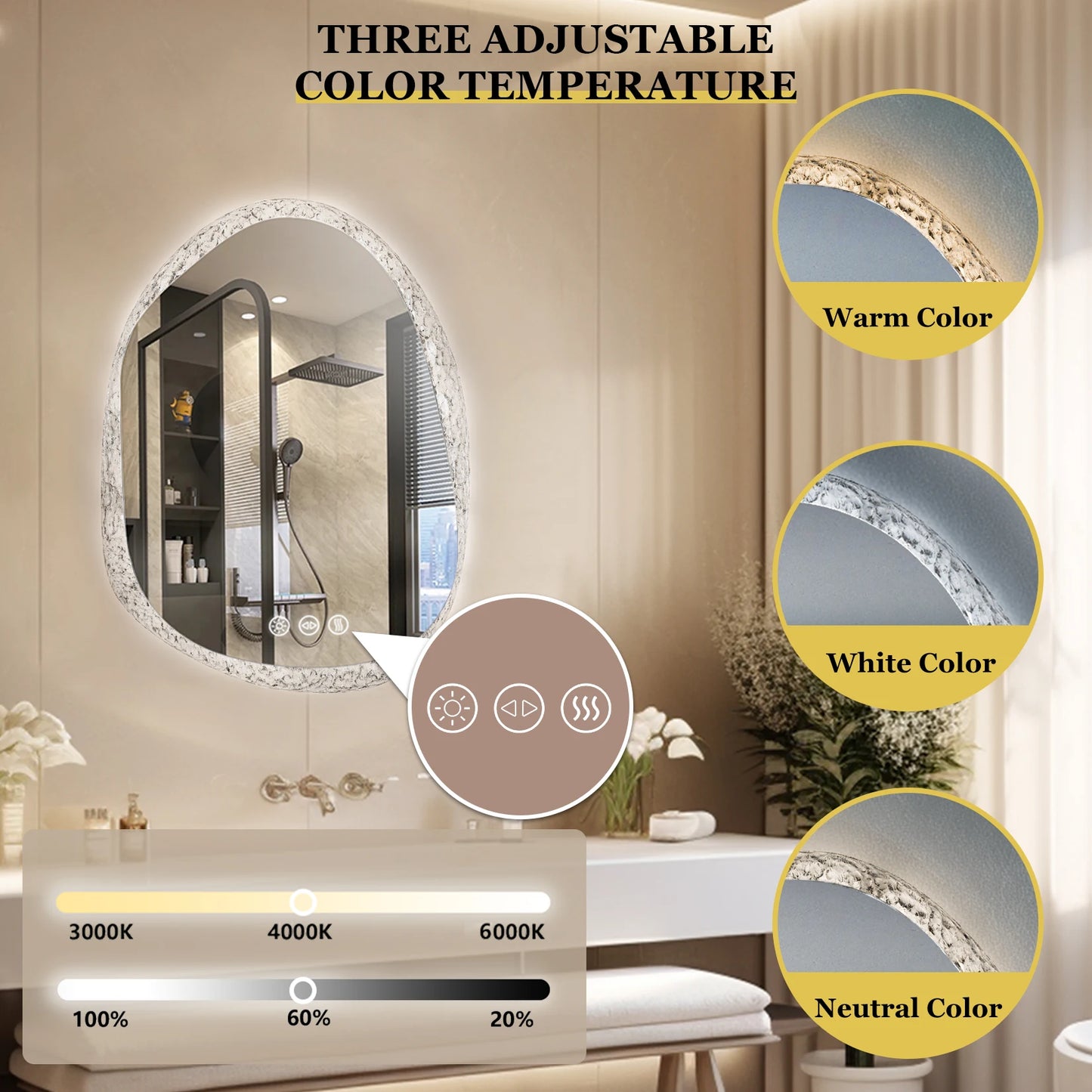 Modern Irregular LED Bathroom Mirror with Lights, Asymmetrical Frameless Smart Lighted Wall Mirror for Living Room Entryway
