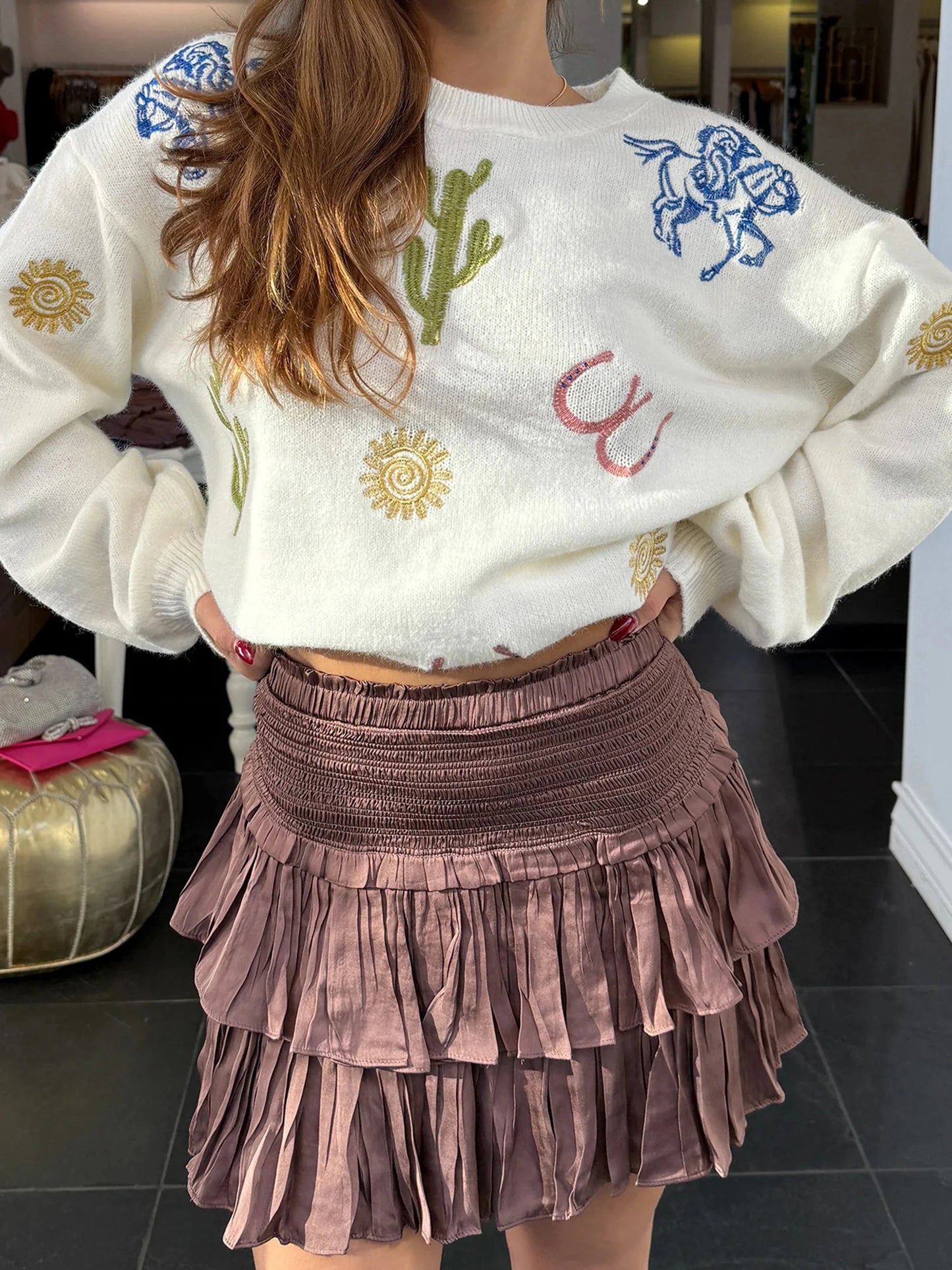 Women s Winter Cozy Sweater Floral Embroidery Long Sleeve V-Neck Knitwear Pullover with Pom Pom Detail