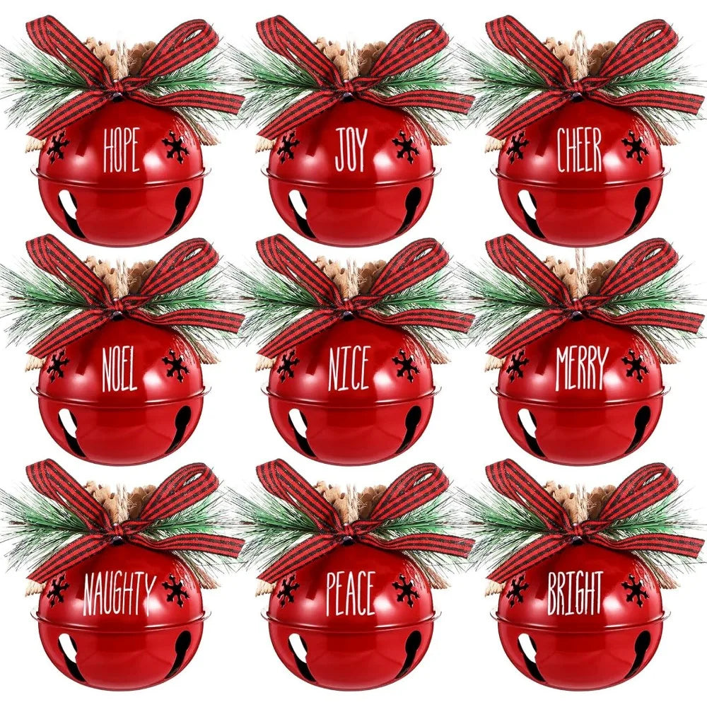 Aoriher 9 Pcs Christmas Bells Ornament 3.1" Rustic Christmas Jingle Bell Sleigh Letter Bells with Pine Cones Plaid Bow for Decor