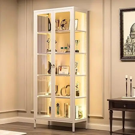 5 Tier Glass Display Cabinet with 12 Color LED Lights, 67" Lighted Curio Cabinet with Glass Doors & Adjustable Shelves, Tall Met