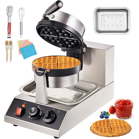 SucceBuy Electric Waffle Maker Stainless Steel Round Waffle Iron Non-Stick Waffle Baker Machine Teflon-Coated Baking Pans