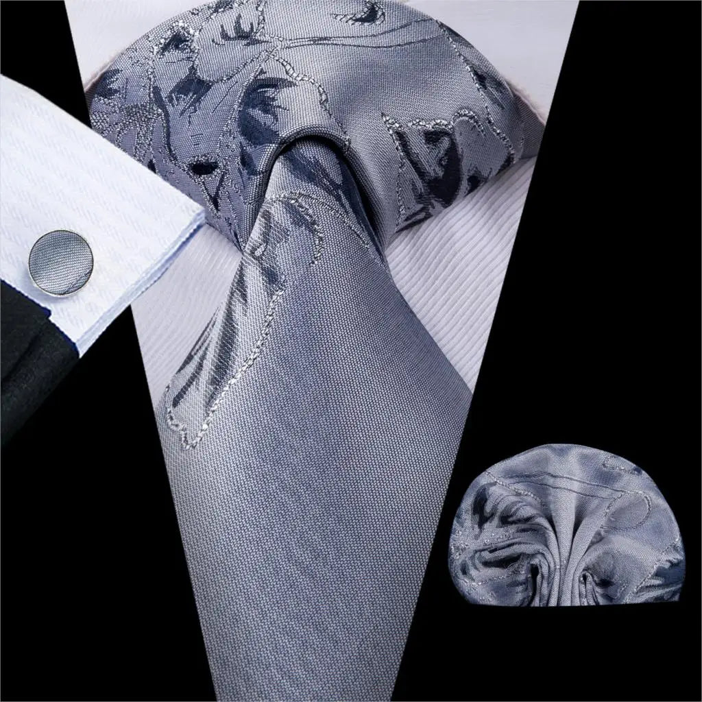 Hi-Tie Luxury Silver Men’s Necktie Set with Pocket Square & Cufflinks | Wedding, Business & Formal Events