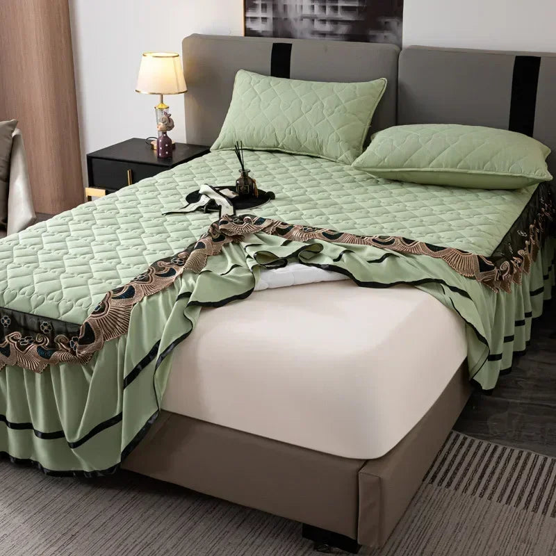 Elegant Embroidered Lace Quilted Bed Skirt Set