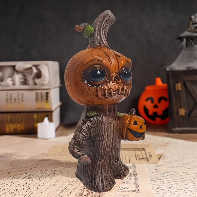 Halloween Pumpkin Tree Stump Figurine. Resin Jack-O’-Lantern Character Statue for Spooky Fall & Halloween Home Décor