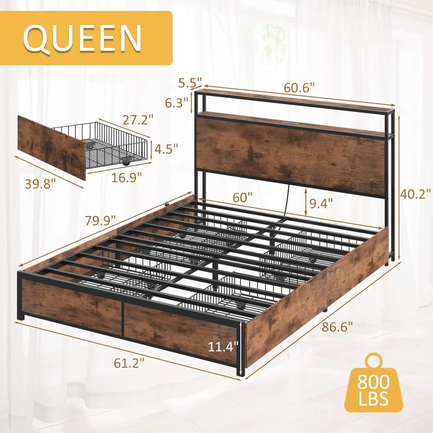 Queen Bed Frame with LED Lights, Charging Station & Storage Headboard