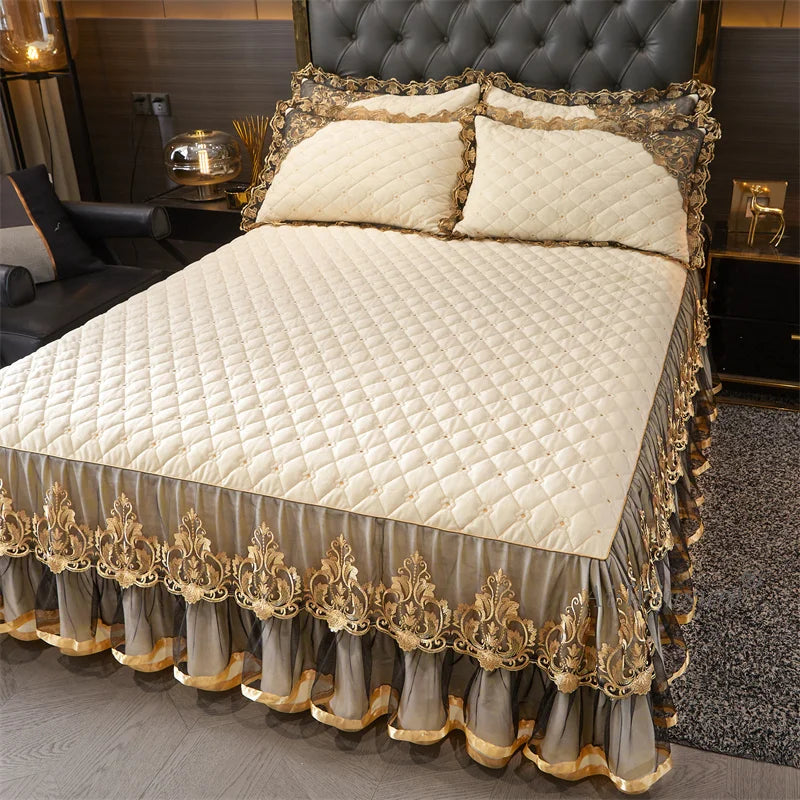 AIWINSURE-European Lace Velvet Bedspread Set, King Size, Queen Thickened Bed Cover, Soft Bed Skirt, Luxury, with 2 Pillowcases