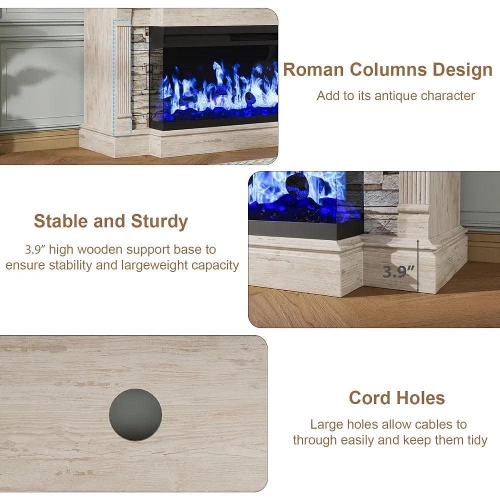 Fireplace TV Stand for TVs up to 65", Farmhouse 52"Fireplace Entertainment Center with 36" 3-Side Glass Electric Fireplace, TV C