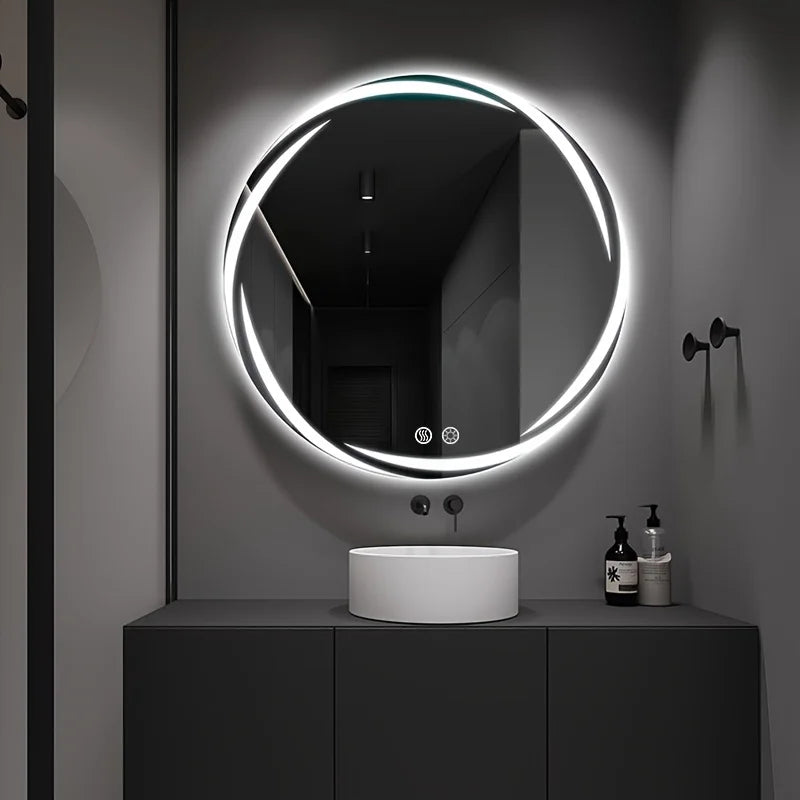 Circular LED Bathroom Mirror with Integrated Lighting | Anti-Fog Technology | Touch-Sensitive Dimmable | HD Makeup And Shaving Mirror | Wall-Mounted Vanity with Memory Function | US Standard Plug/Switch | 20" Diameter | Moder