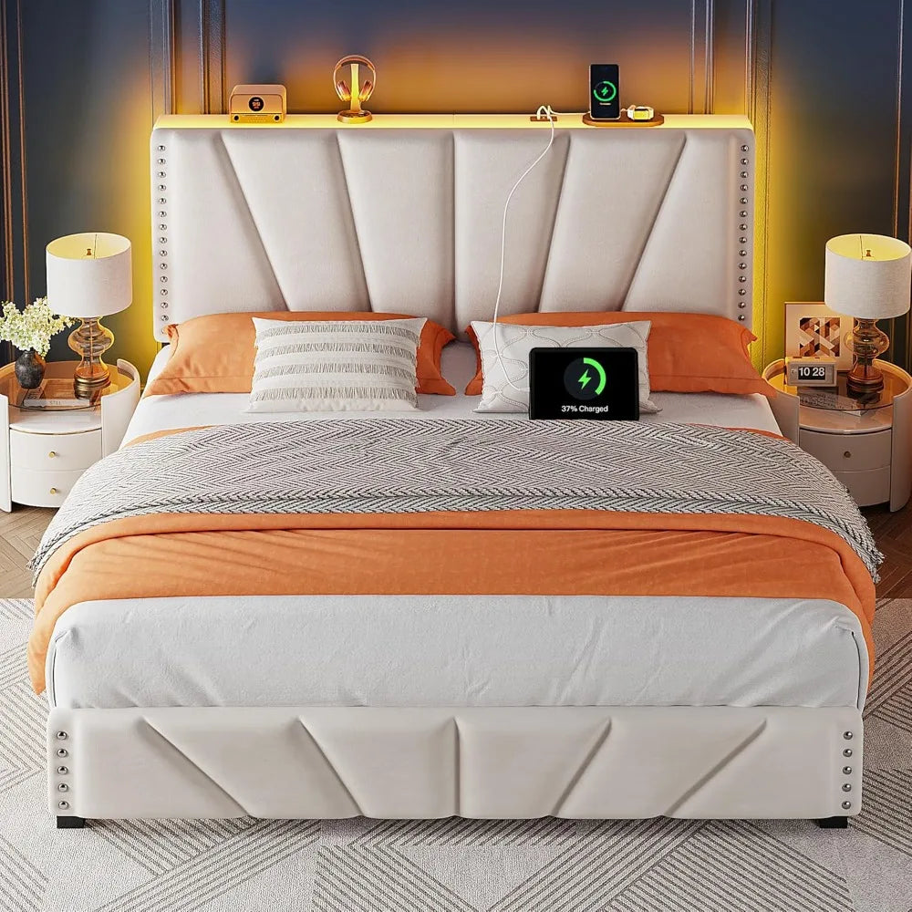 Queen Bed Frame With Velvet Headboard And Storage Led Lights