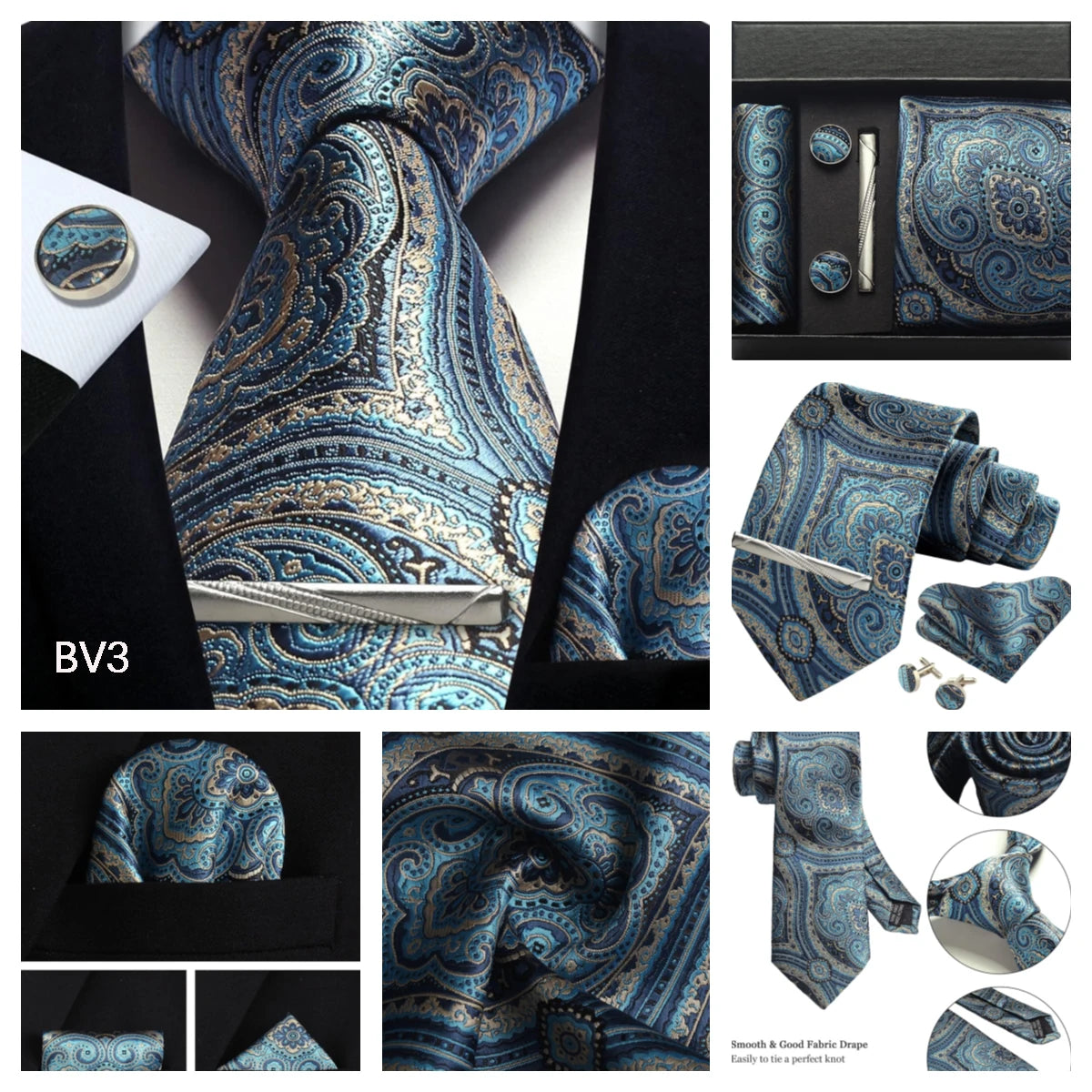 Luxury 100% Silk Paisley Floral Men’s Necktie Set | Business Tie with Matching Pocket Square & Formal Accessories