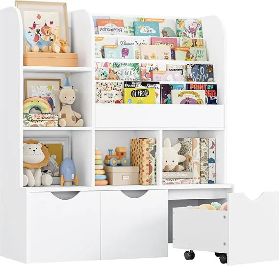 47'' Kids Bookcase and Bookshelf, Multifunctional Bookcase with 5 Storage Cubbies and 3 Movable Drawers, Toy Storager Display S
