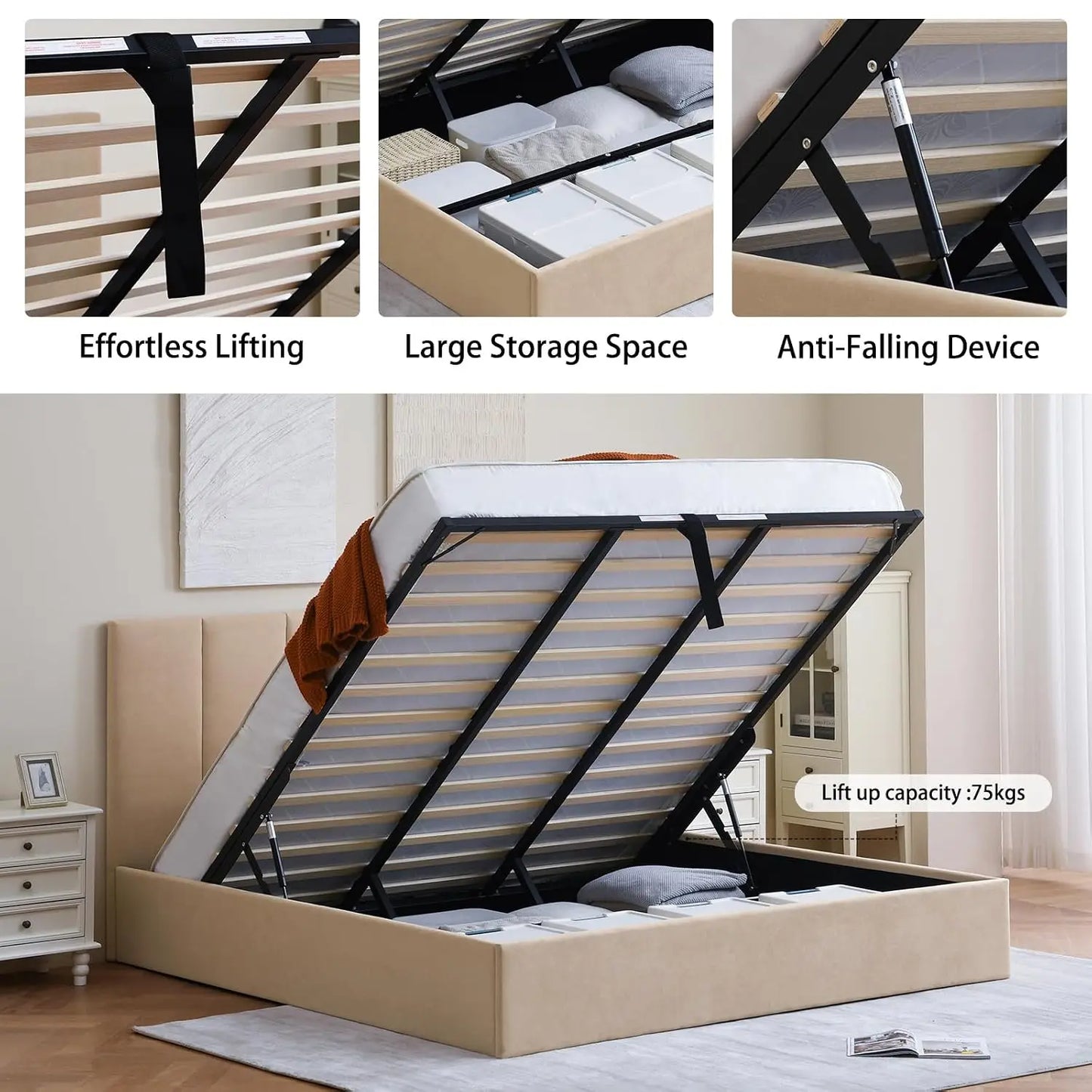 King Size Upholstered Lift-Up Storage Bed with Headboard