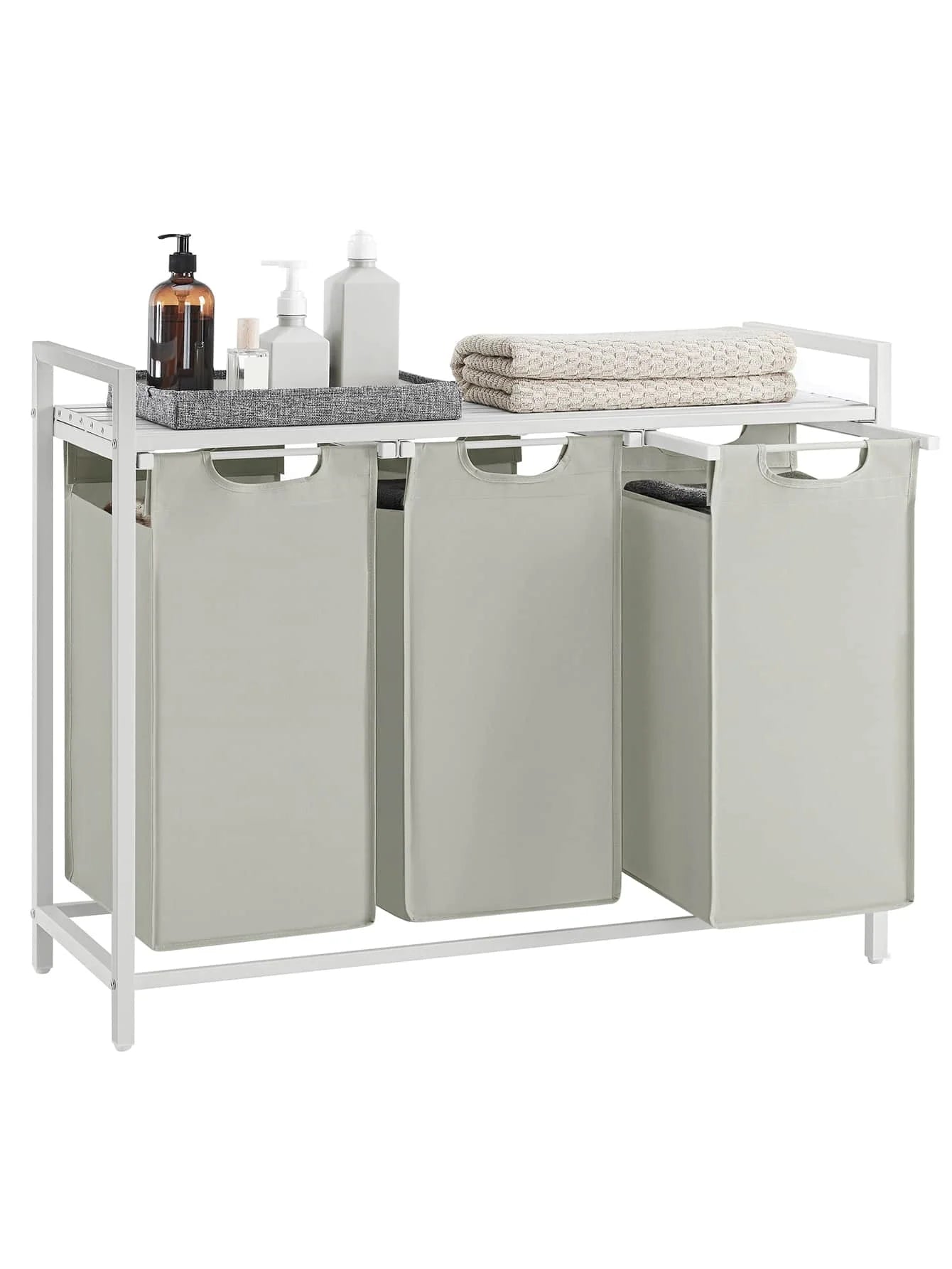 3-Bag Laundry Sorter with Rustic Wood Top. Large Laundry Hamper