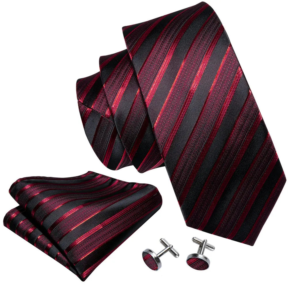 Men’s Luxury Red Striped Necktie Set. Silk Tie, Pocket Square & Cufflinks for Business, Wedding & Formal Wear