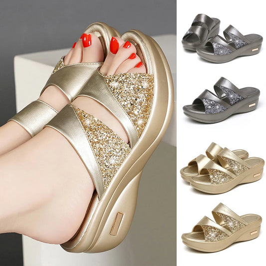 Women’s Glitter Slingback Wedge Platform Sandals .Comfortable Casual Summer Shoes