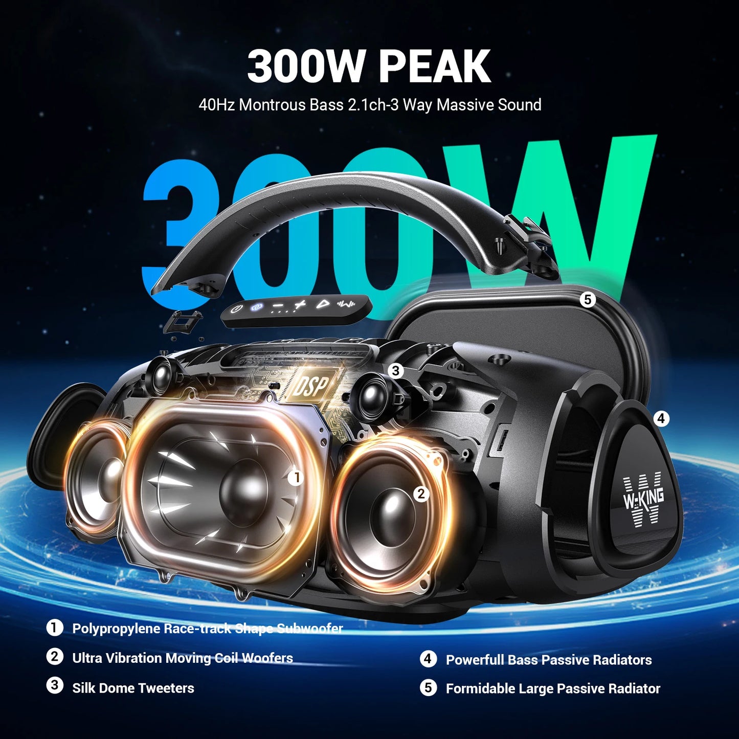 W-KING D20 200W Portable Bluetooth Party Speaker .Deep Bass, Waterproof Outdoor Boombox & Long Battery Life