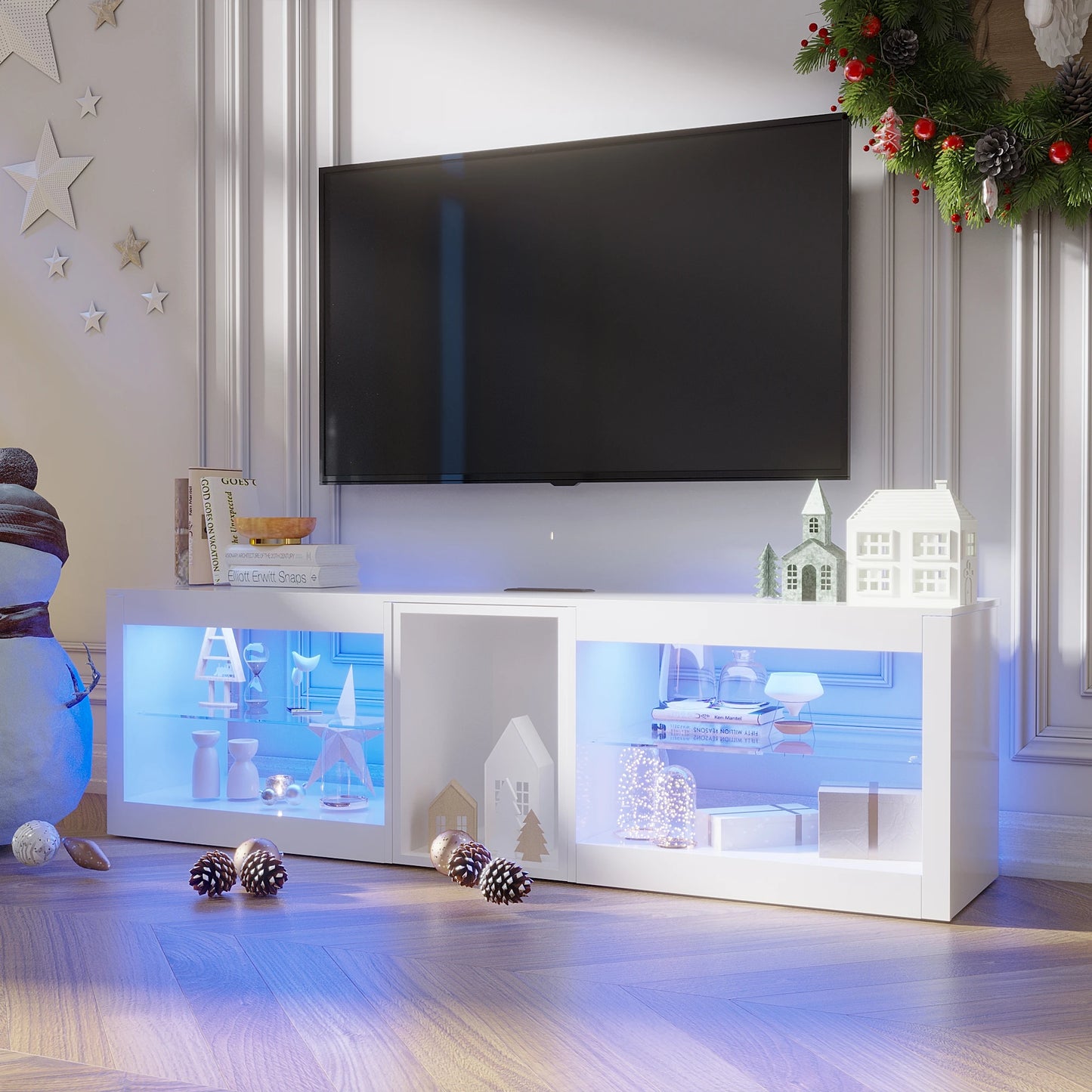 63" LED TV Stand for Televisions up to 70In, TV Cabinet with Adjustable Glass Storage Shelves, Modern LED Entertainment Center
