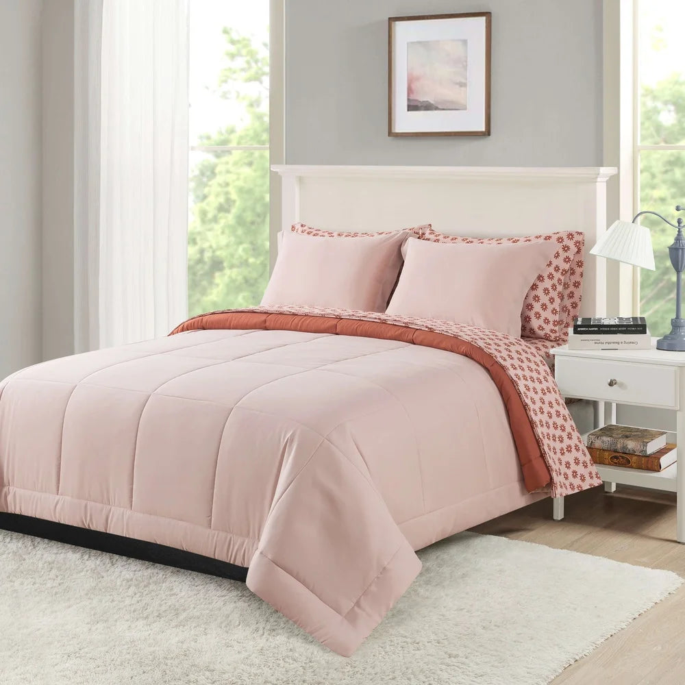 7-Piece Reversible Comforter Set with Sheets Soft Pink Red Canyon King Bedding Set Cozy Storage Bag Machine Washable