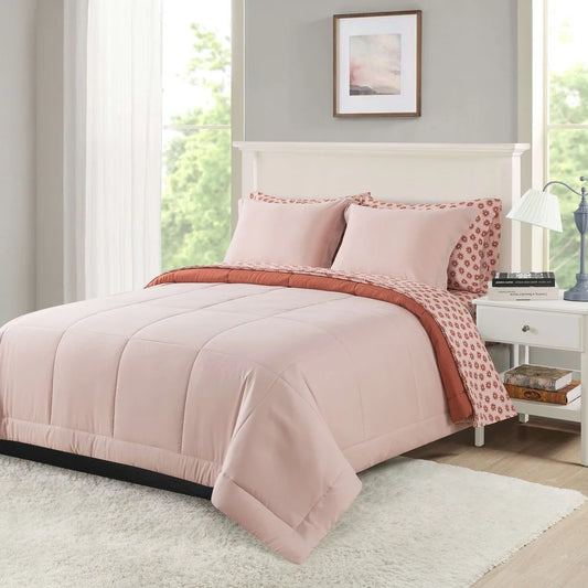7-Piece Reversible Comforter Set with Sheets Soft Pink Red Canyon King Bedding Set Cozy Storage Bag Machine Washable