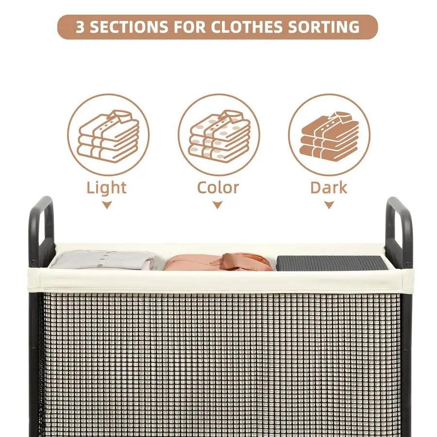 3 Section Rolling Laundry Hamper with Wheels .Large Capacity Laundry Sorter Cart for Home Organization