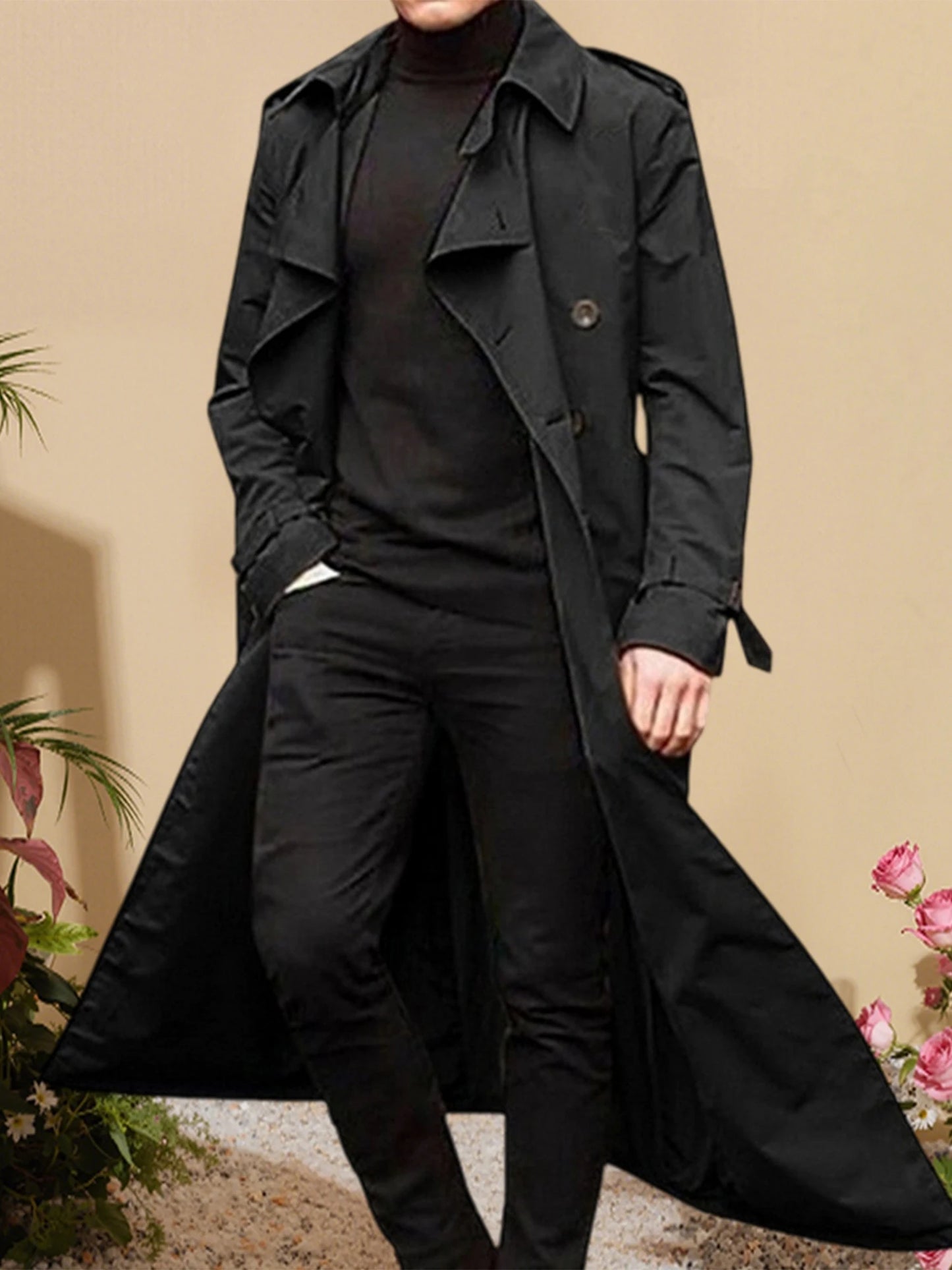 Men s Classic Wool Blend Trench Coat with Removable Belt and Notched Lapel Collar Warm Winter Overcoat Jacket