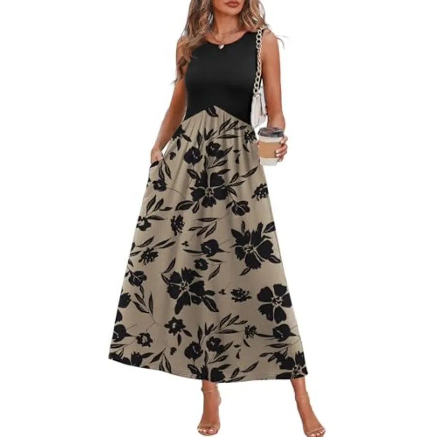 Women’s Floral Babydoll Maxi Dress | Sleeveless Empire Waist Summer Beach Dress