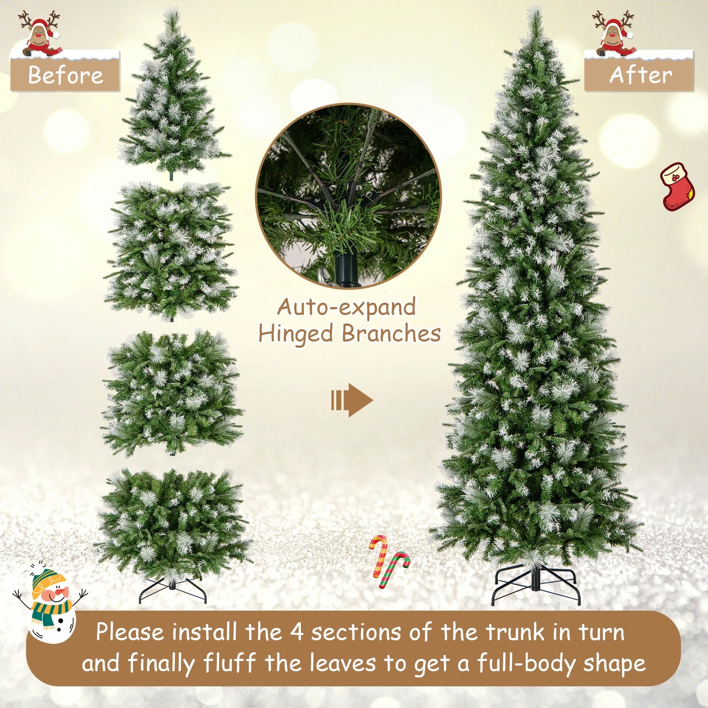 6FT–9FT Pre-Lit Pencil Artificial Christmas Tree Slim Hinged Holiday Tree with Warm LED Lights