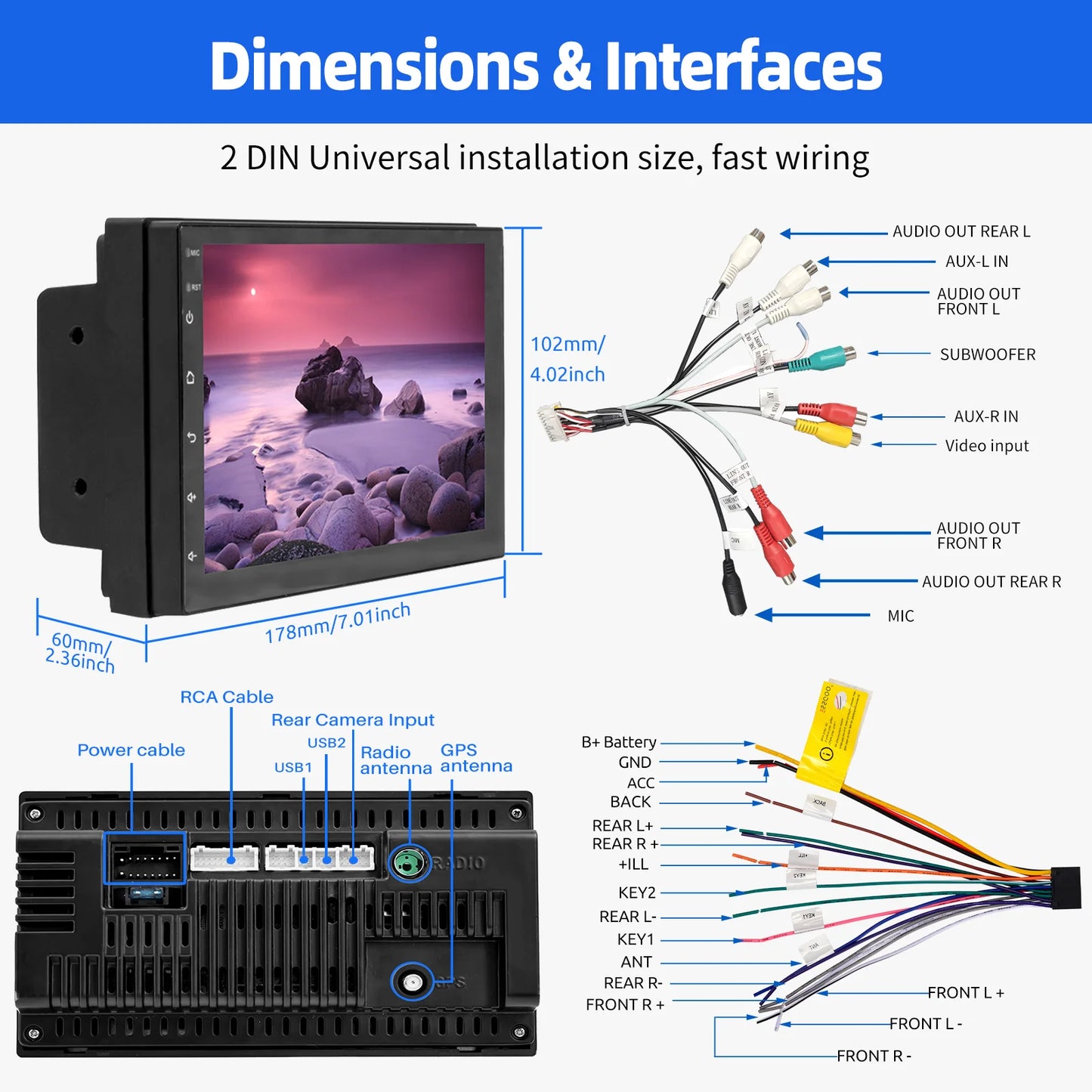 ESSGOO Android 14 Car Stereo  2 DIN Touchscreen with Wireless CarPlay, Android Auto, GPS Navigation & Bluetooth