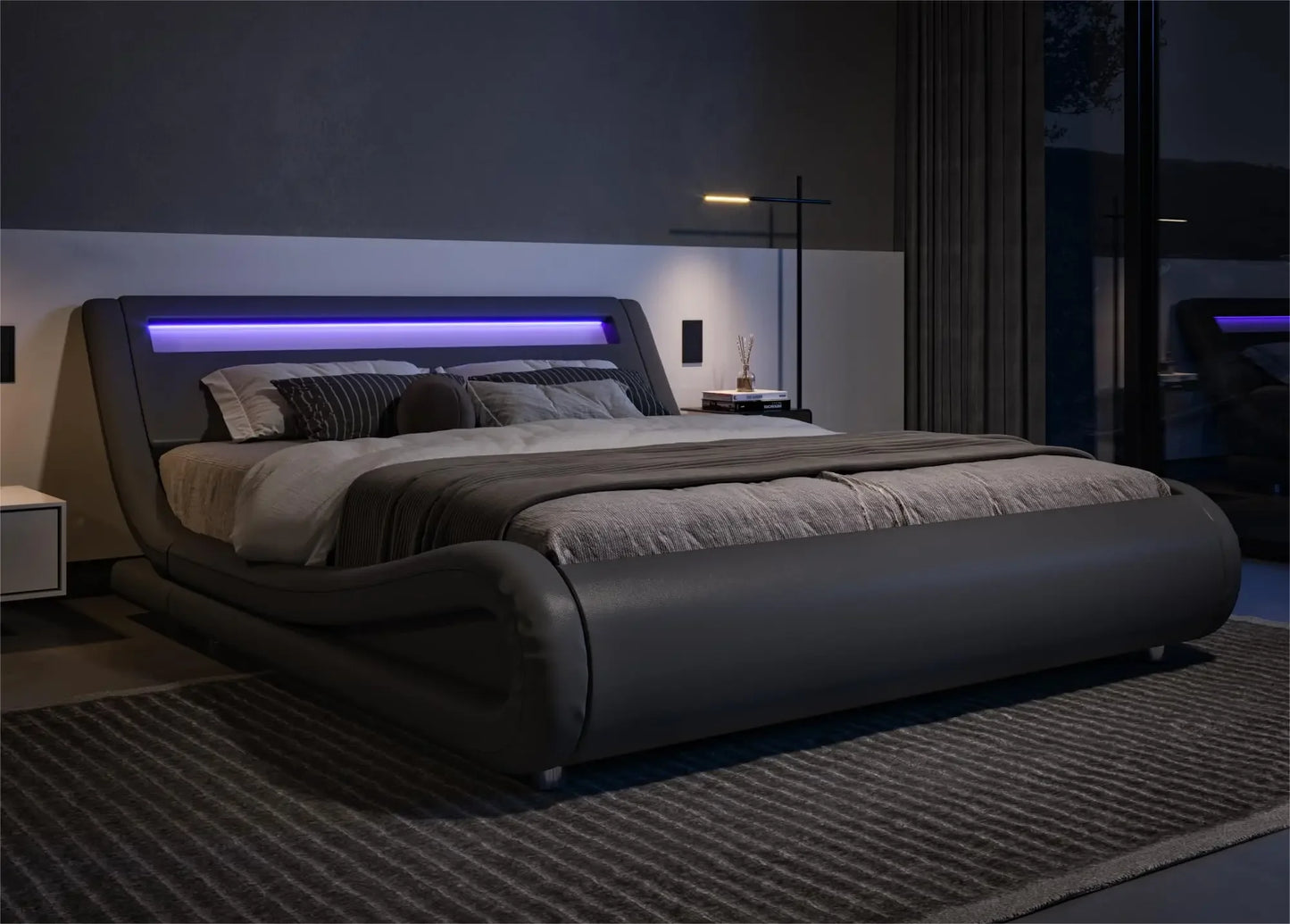 Queen Size Upholstered Platform Bed with Adjustable LED Headboard