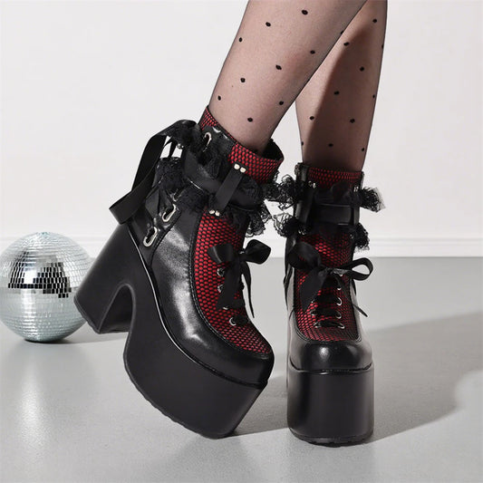 Y2k Gothic Short Boots Women Platform Chunky High Heels Bow Lace Decor Punk Fashion Women'S Ankle Boots Halloween Shoes Autumn W