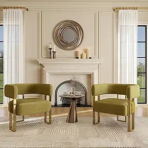 Modern Boucle Accent Chairs Set of 2, White Upholstered Barrel Armchair Living Room Chair with Gold Metal Legs Comfy Corner Sofa