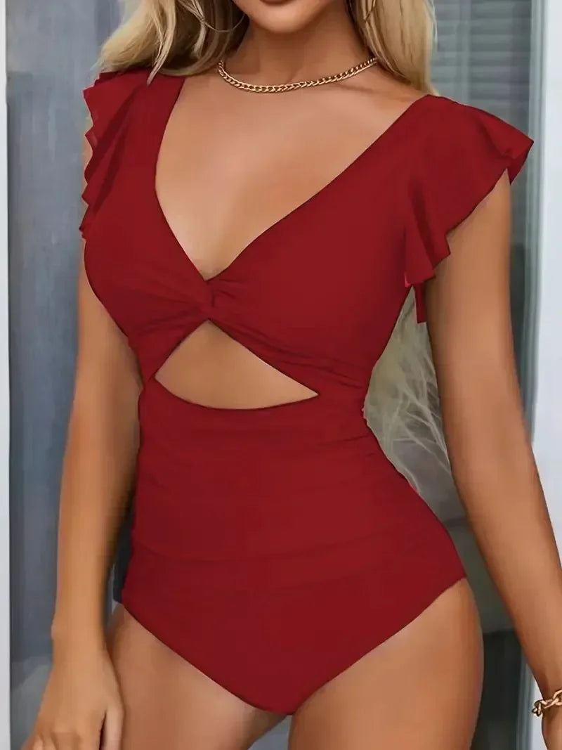 V-Neck Cutout One-Piece Swimsuit.  Contrast Mesh High-Waist Swimwear