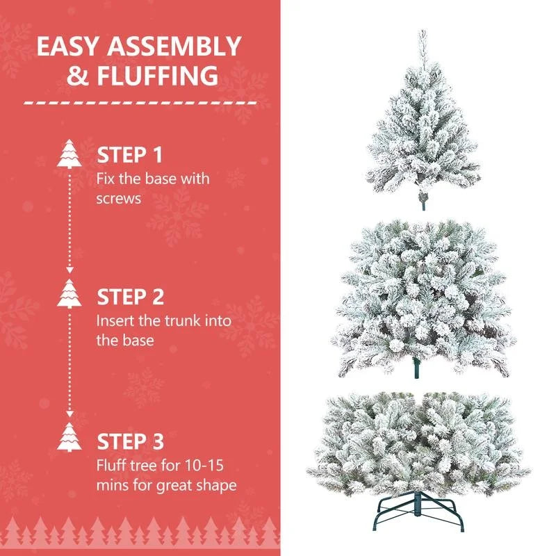 6FT–7FT Snow-Flocked Artificial Christmas Tree .Full Holiday Tree with Realistic Winter Branches