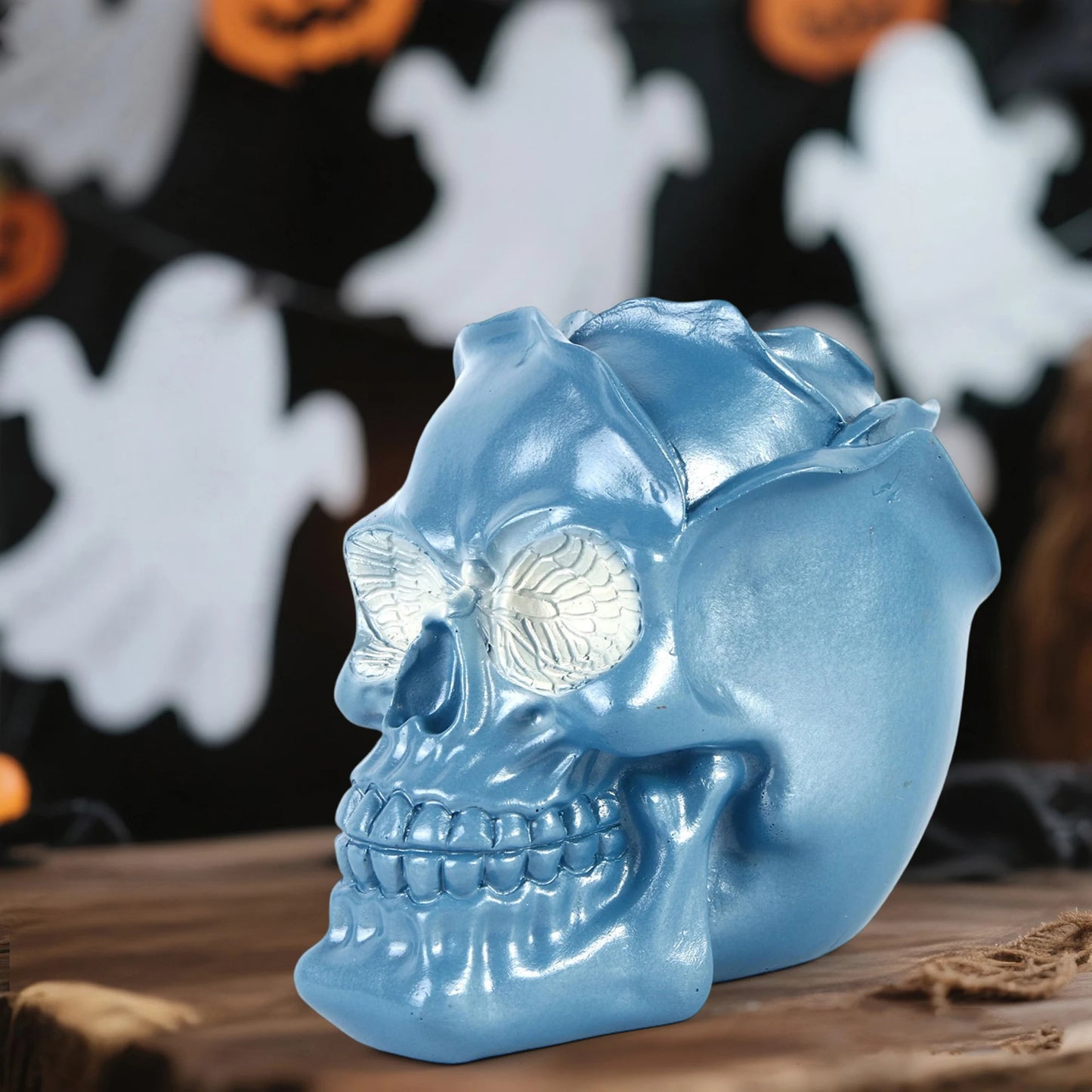 Spooky Halloween Skeleton Candle Holder with Festive Skull Scene for Party Table Decor and Living Room Ambiance