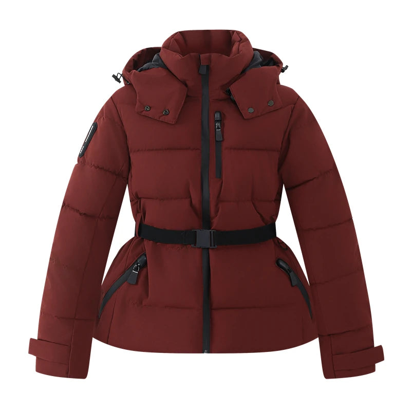 Women's Winter Hooded Puffer Jacket. High-Waist Belted Warm Coat